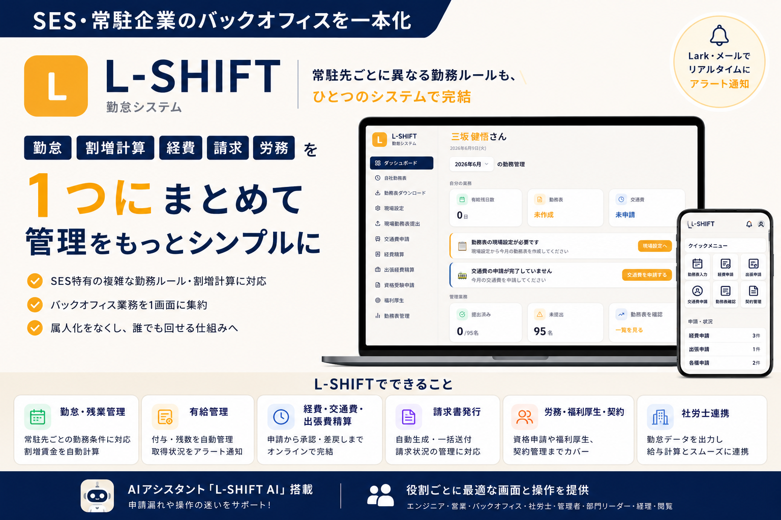 【新サービス】SES・客先常駐企業向けバックオフィス管理プラットフォーム「L-SHIFT（エルシフト）」提供開始のお知らせ｜勤怠・残業計算・経費・請求を一元化